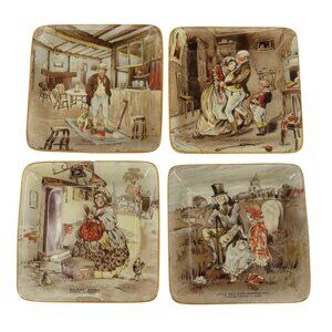 New Hall Hanley Staffordshire Square Pictorial Scene Sauce Plates 4in x 4in VTG